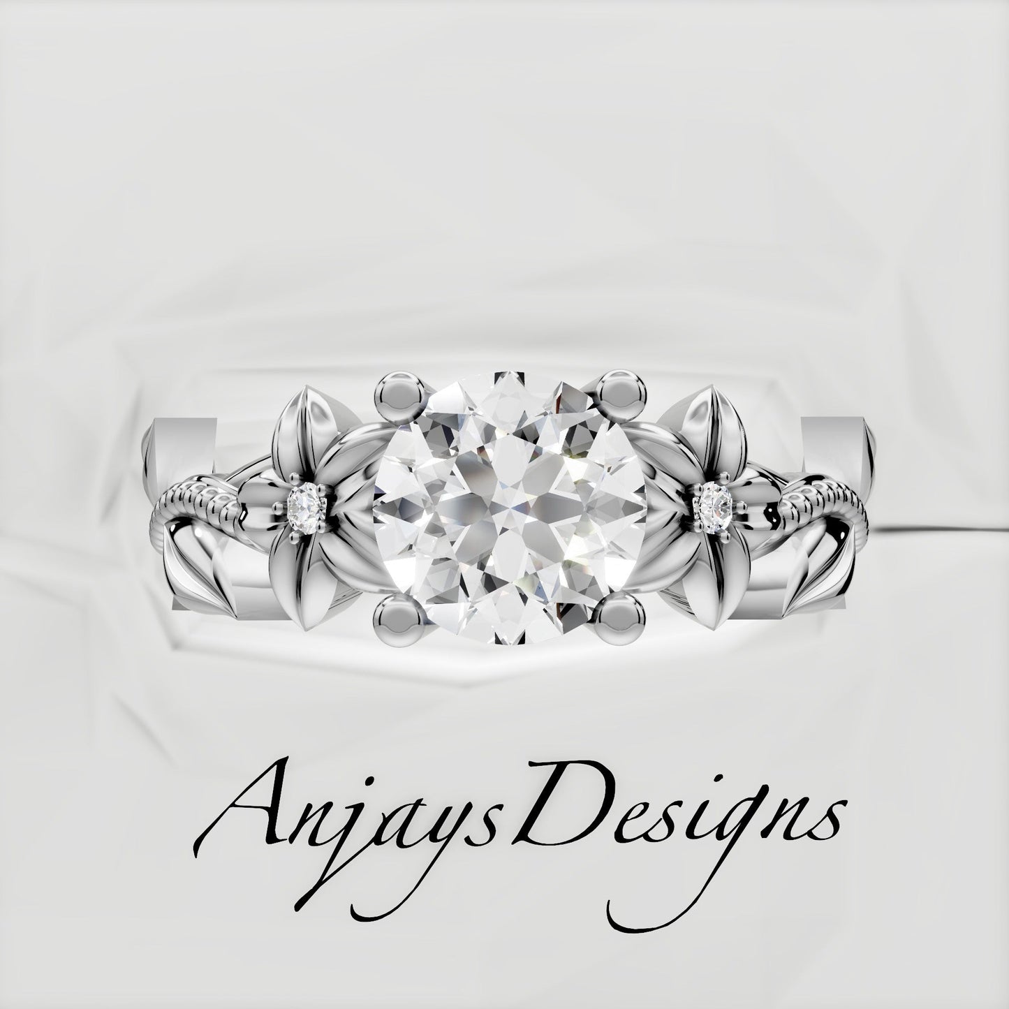 1 Carat Round Diamond Flower Engagement Ring Lab Grown Diamond Floral Ring Nature Inspired