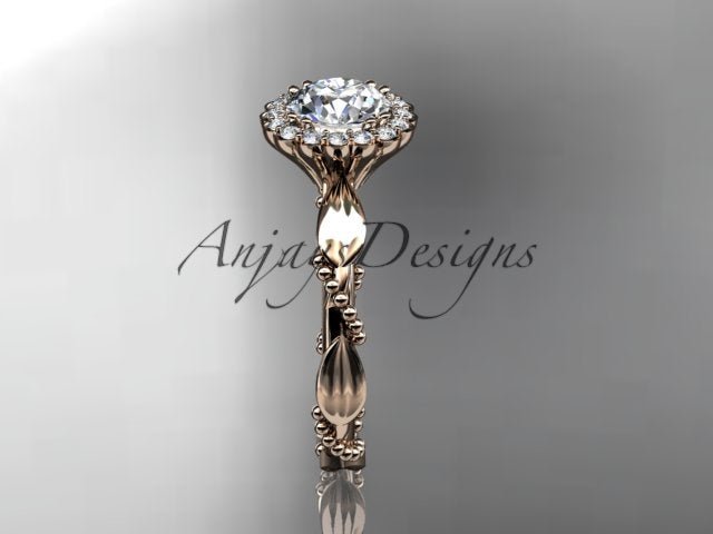 1 Carat Round Lab Grown Diamond Nature Inspired Engagement Ring Leaf Proposal Ring Beaded Ring