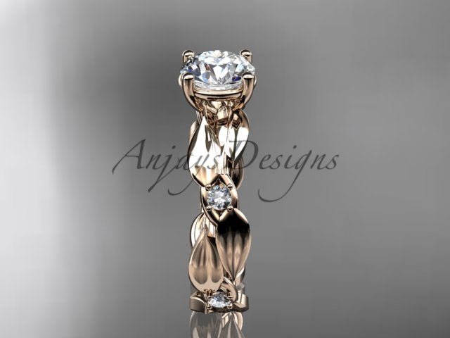 1 Carat Round Lab Grown Diamond Engagement Ring Nature Inspired Leaf and Vine Wedding Ring