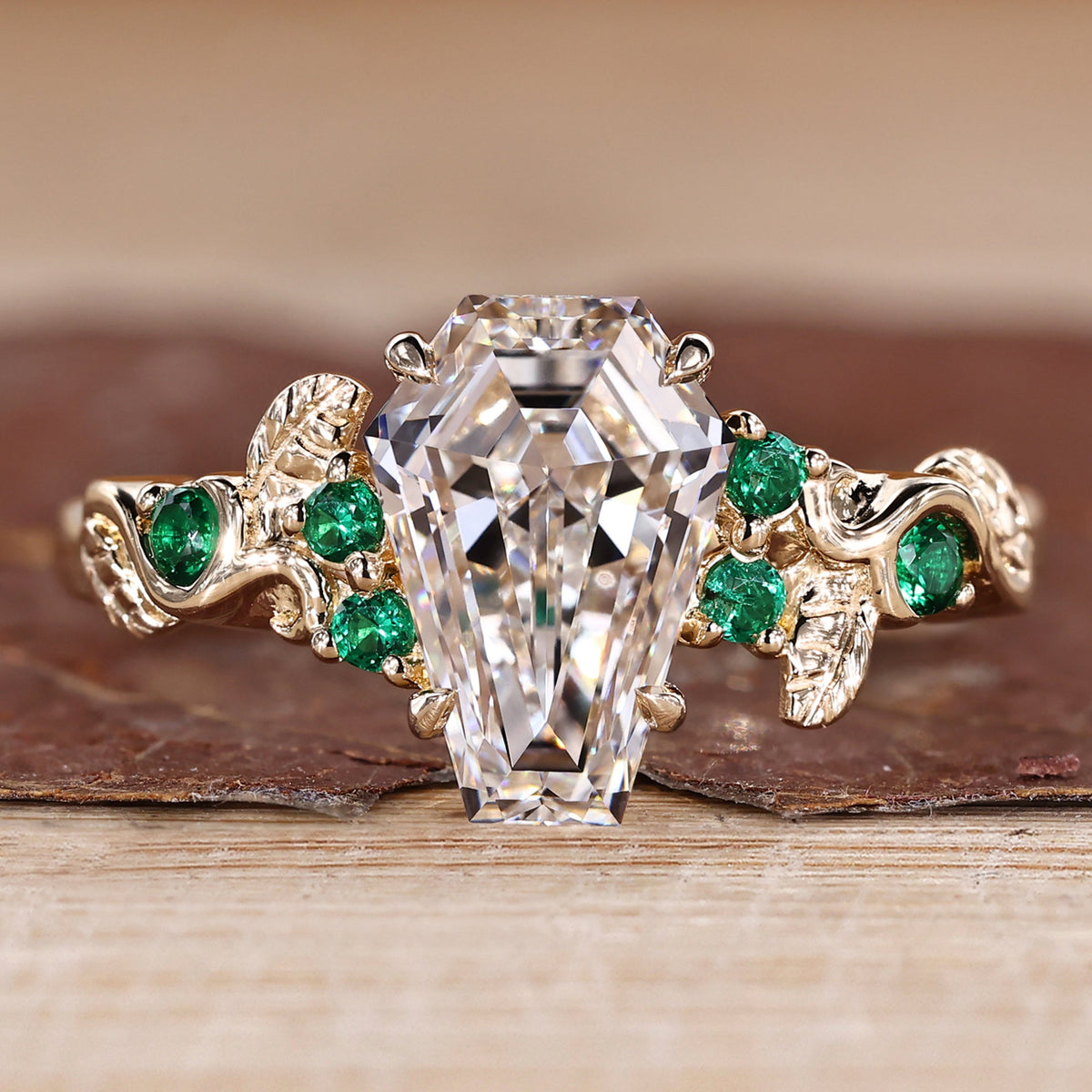 Coffin Cut Engagement Ring with Green Emerald Round Side Stones