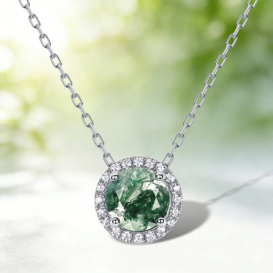 Classic 8mm Round Halo Natural Moss Agate Necklace