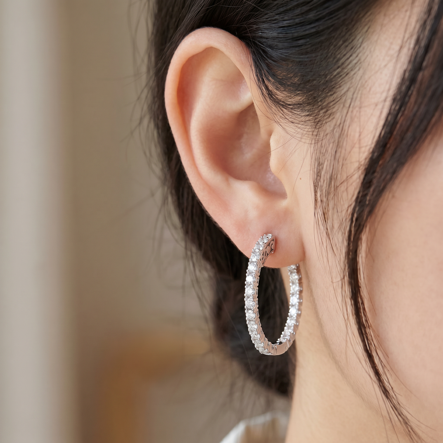 2Ct Lab Diamond Hoops Inside Outside 1 1/3" Silver Earrings