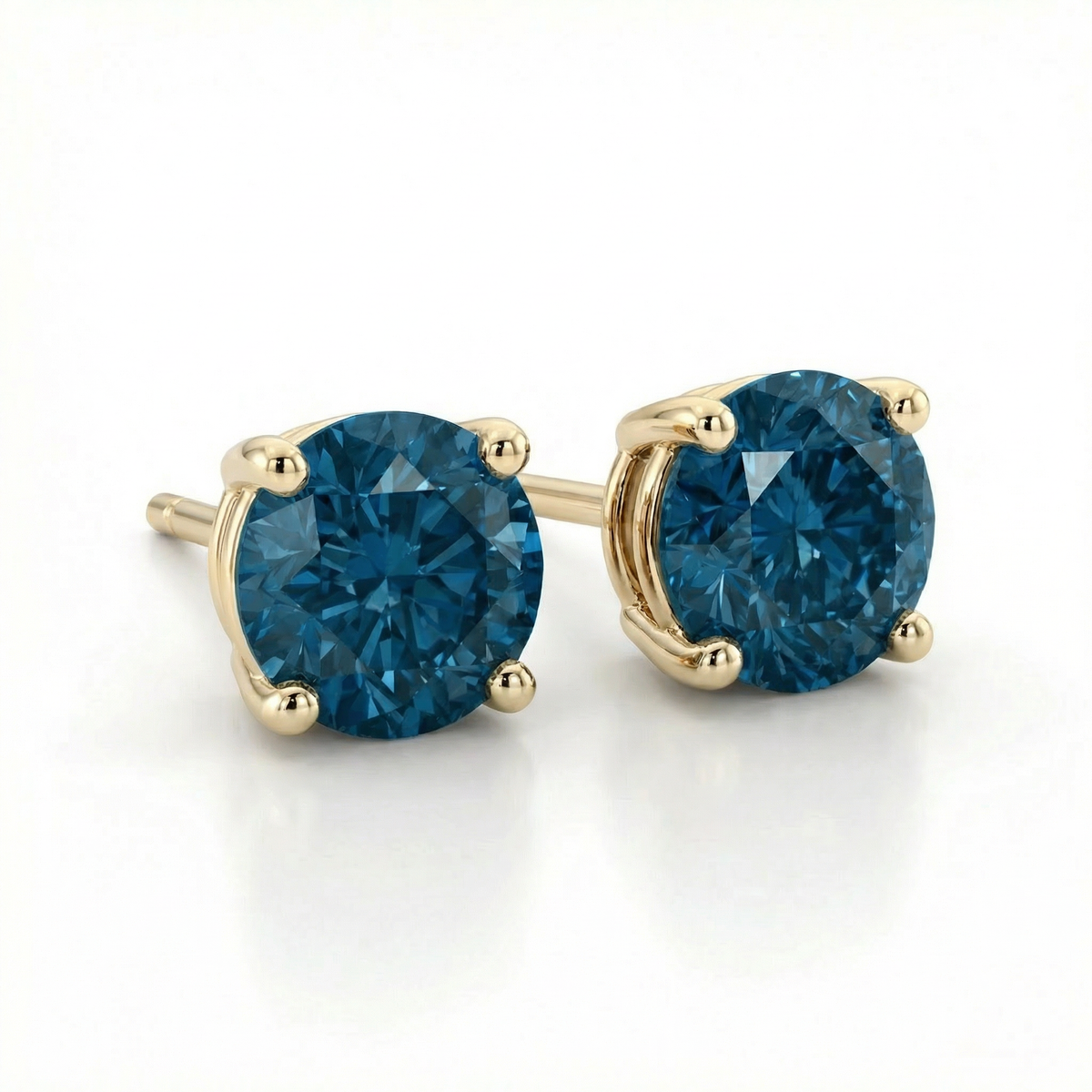 .85Ct Round Brilliant Cut Blue Diamond Studs 14K Gold Earrings
