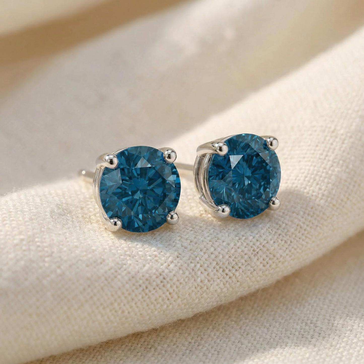 .85Ct Round Brilliant Cut Blue Diamond Studs 14K Gold Earrings