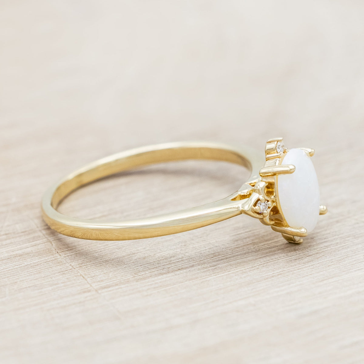 "Zella" - Oval Cabochon Cut White Opal Engagement Ring With Diamond Accents