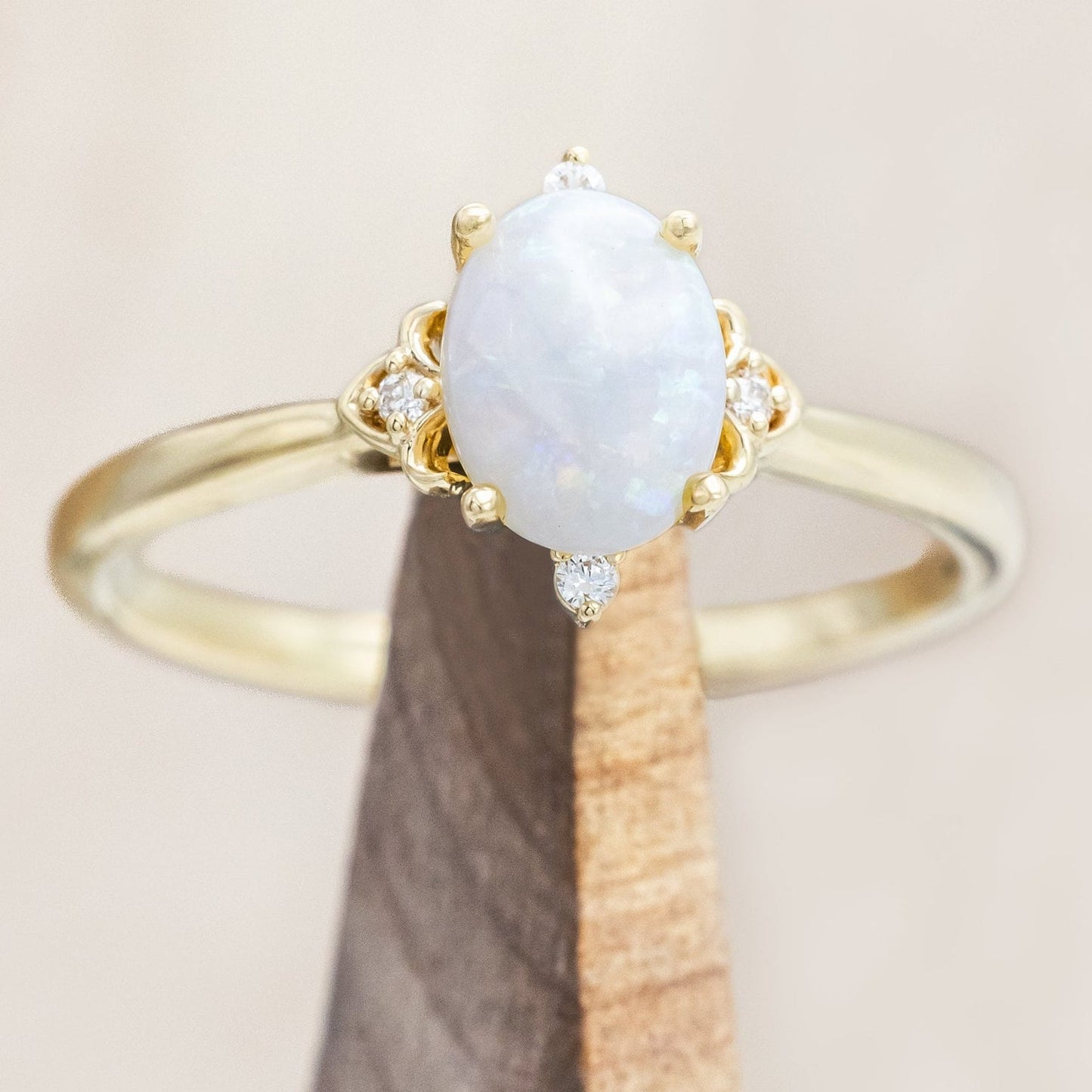 "Zella" - Oval Cabochon Cut White Opal Engagement Ring With Diamond Accents