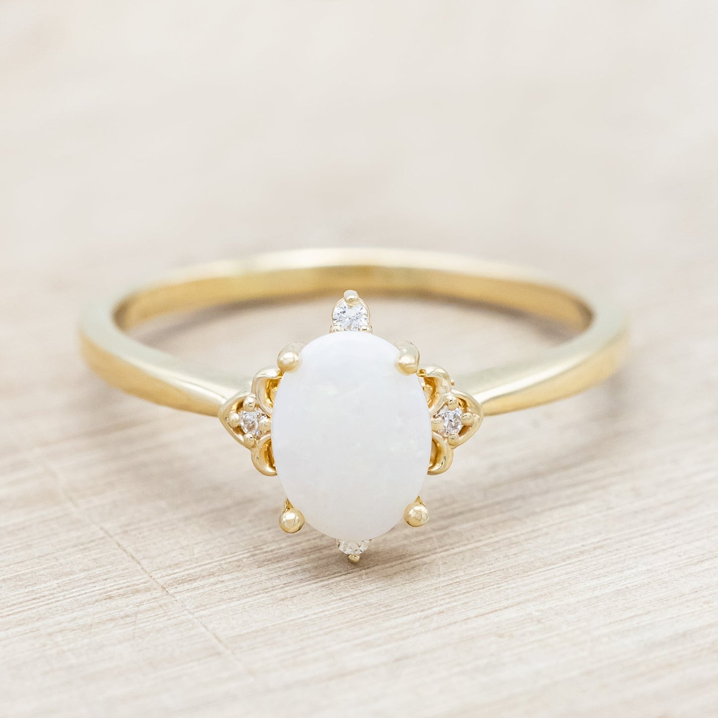 "Zella" - Oval Cabochon Cut White Opal Engagement Ring With Diamond Accents