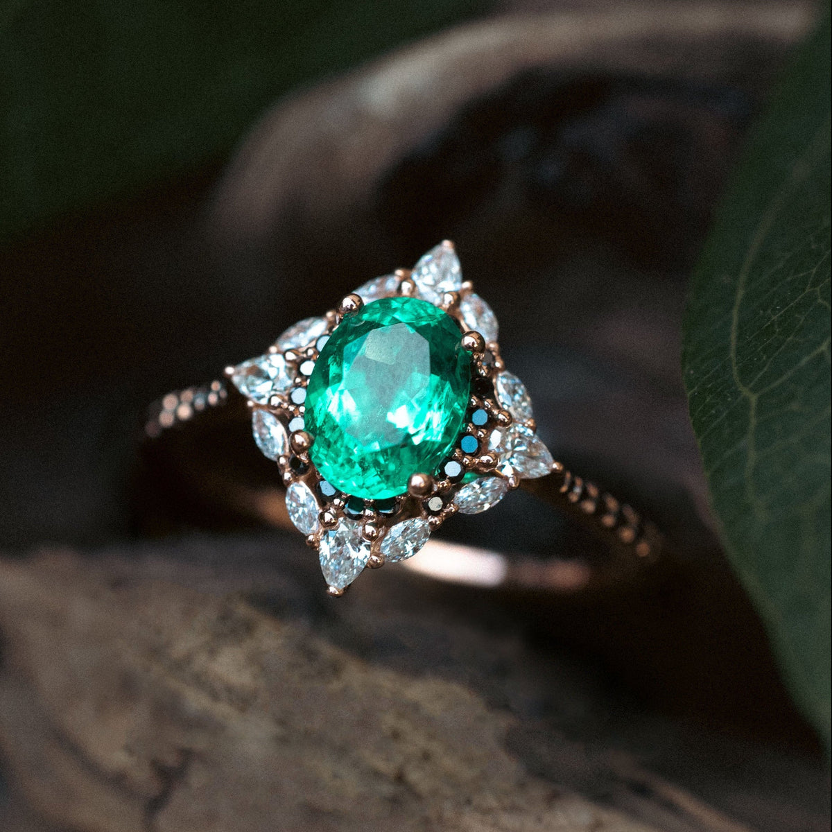"North Star" - Oval Lab-Grown Emerald Engagement Ring With Diamond Halo & Diamond Accents