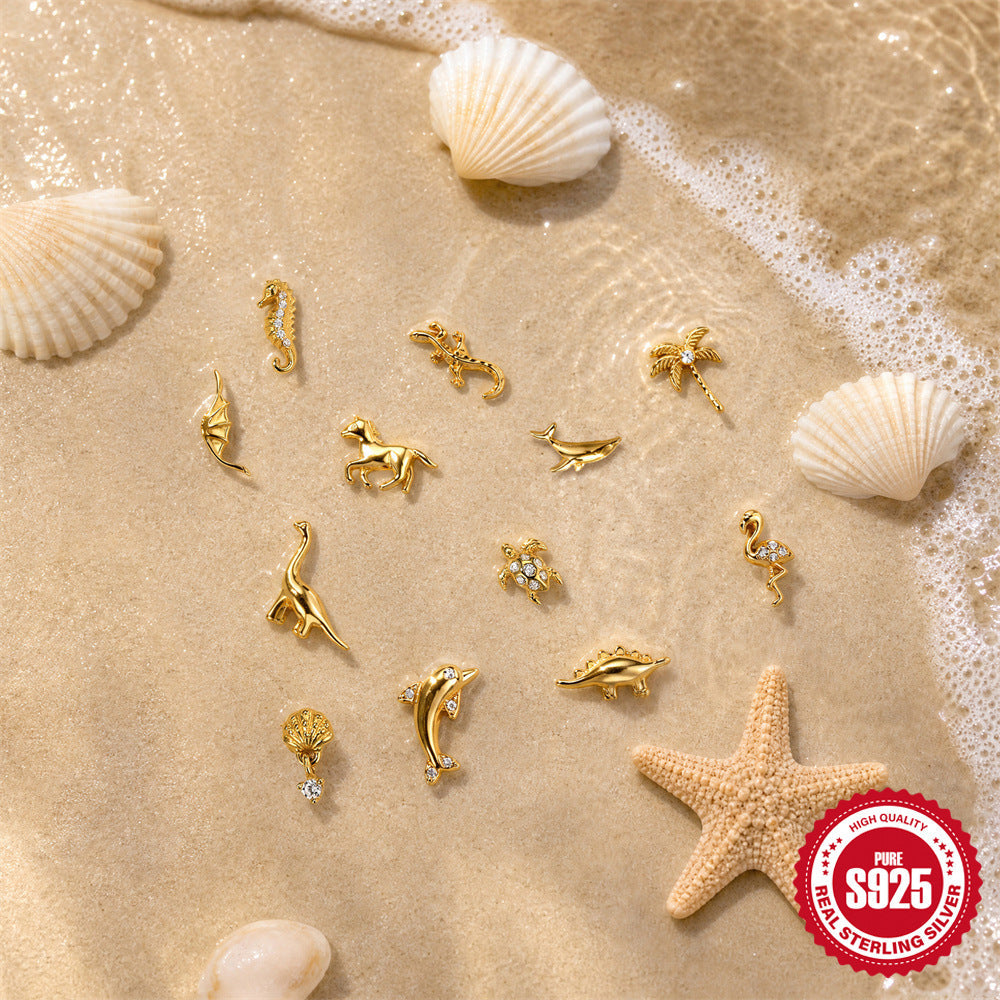 S925 Sterling Silver Ocean Series 16G Flat Back Earrings | Whale Shell Dinosaur CZ Piercing Flat Back Earrings for Summer