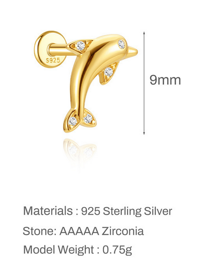 S925 Sterling Silver Ocean Series 16G Flat Back Earrings | Whale Shell Dinosaur CZ Piercing Flat Back Earrings for Summer