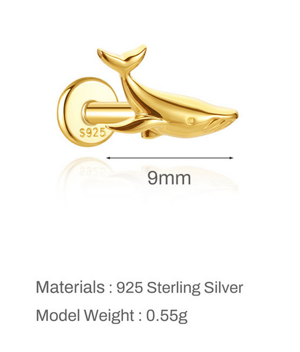 S925 Sterling Silver Ocean Series 16G Flat Back Earrings | Whale Shell Dinosaur CZ Piercing Flat Back Earrings for Summer