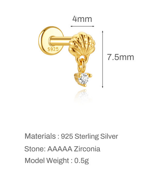 S925 Sterling Silver Ocean Series 16G Flat Back Earrings | Whale Shell Dinosaur CZ Piercing Flat Back Earrings for Summer