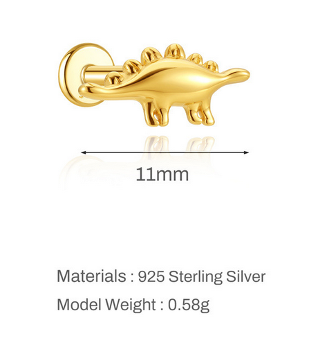 S925 Sterling Silver Ocean Series 16G Flat Back Earrings | Whale Shell Dinosaur CZ Piercing Flat Back Earrings for Summer