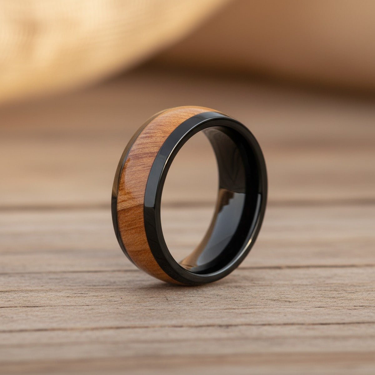 ODYSSEY | Black Ceramic Ring, Carpathian Elm Wood Inlay