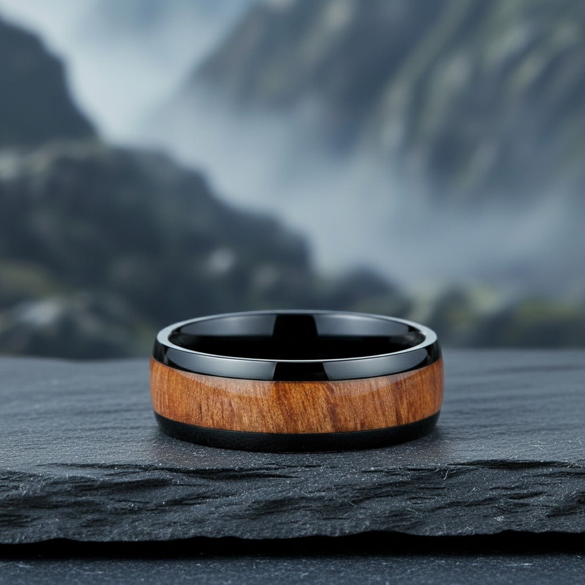 ODYSSEY | Black Ceramic Ring, Carpathian Elm Wood Inlay