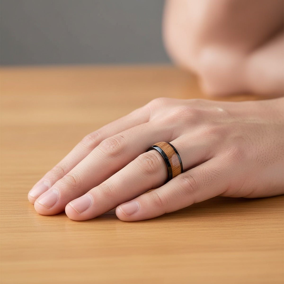 ODYSSEY | Black Ceramic Ring, Carpathian Elm Wood Inlay
