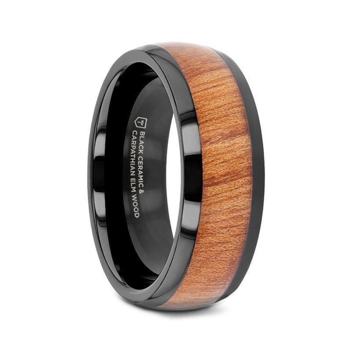ODYSSEY | Black Ceramic Ring, Carpathian Elm Wood Inlay