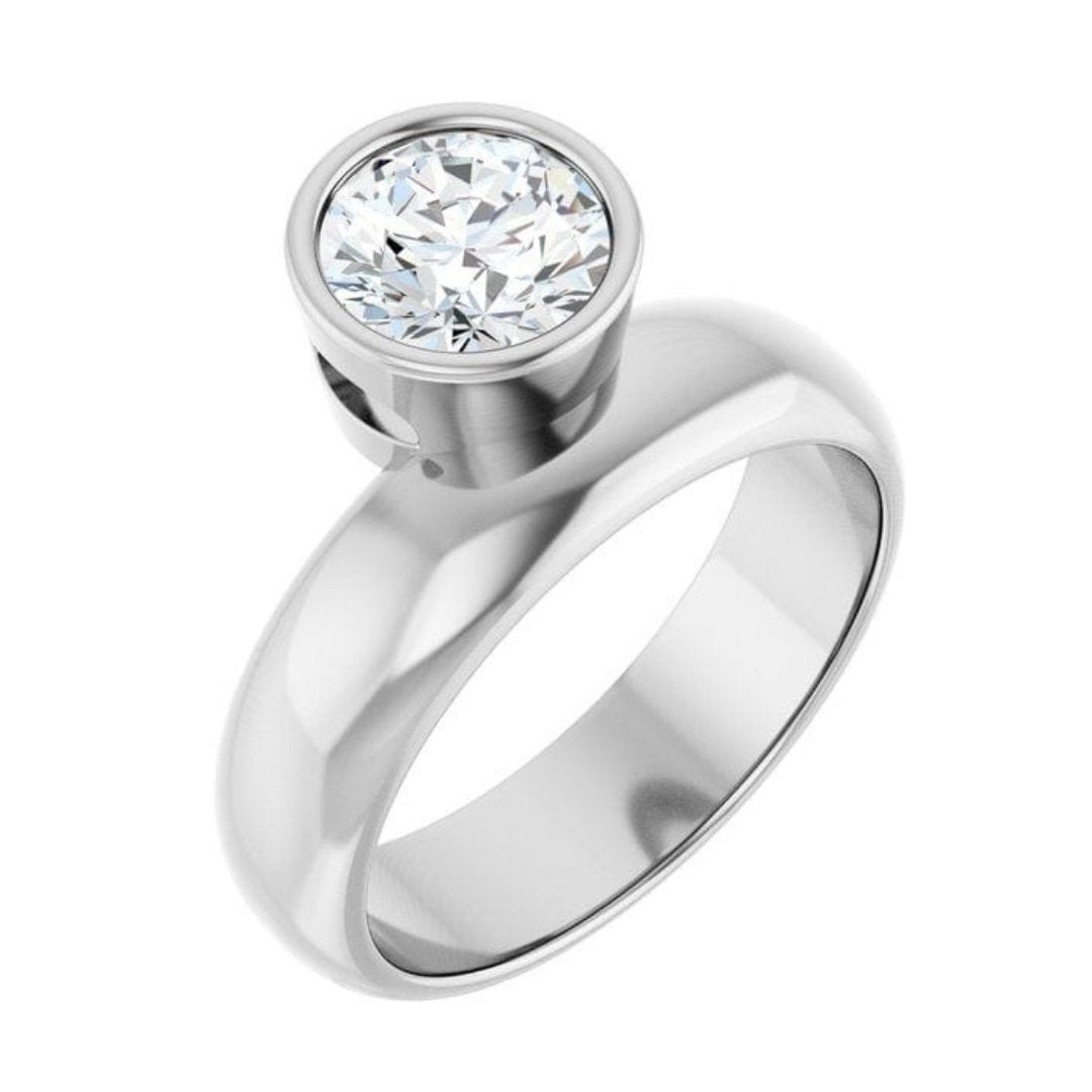 Olga Ring - Round Moissanite Offset Full Bezel Chunky Solitaire Engagement Ring