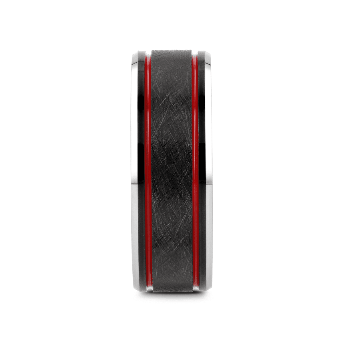 OLIS | Black Tungsten Ring, Double Red Stripe, Wire Finish