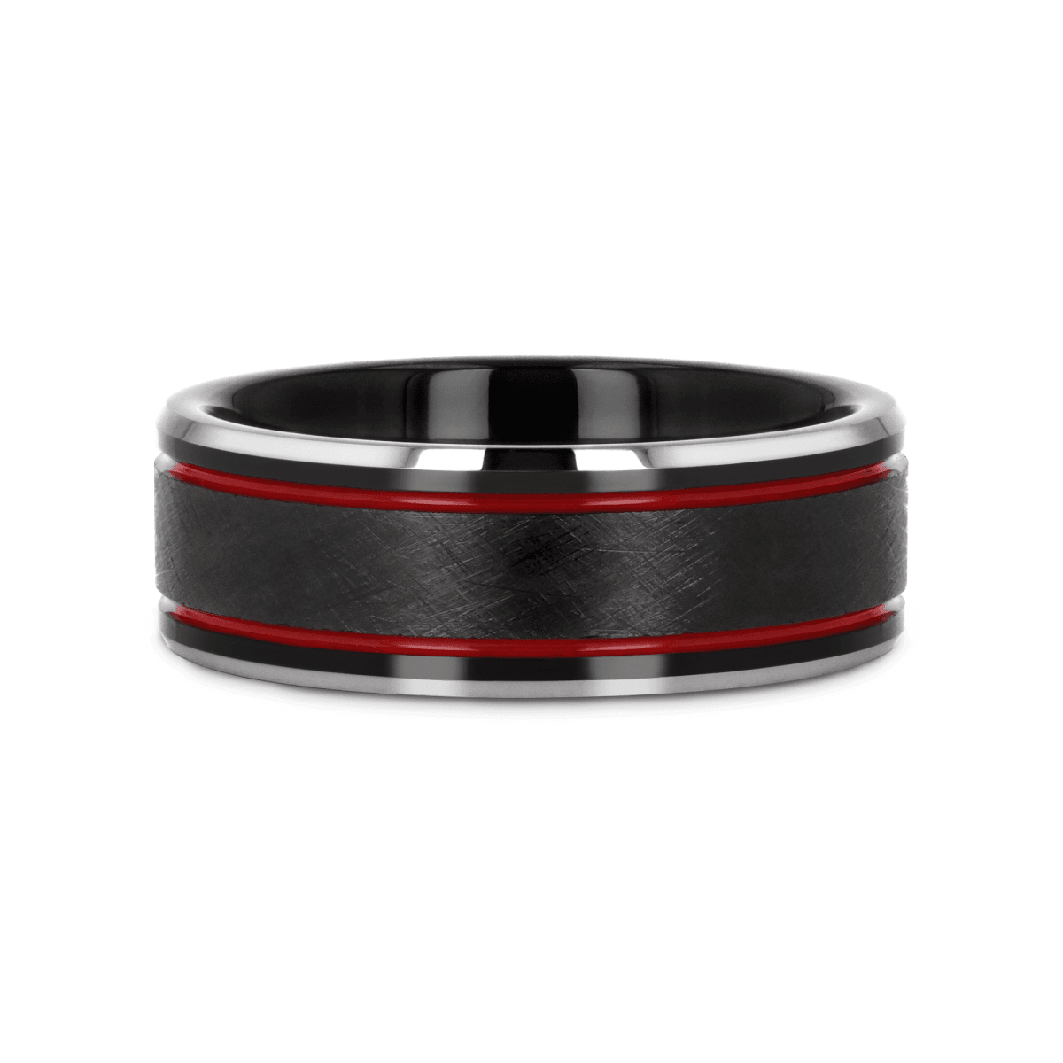 OLIS | Black Tungsten Ring, Double Red Stripe, Wire Finish