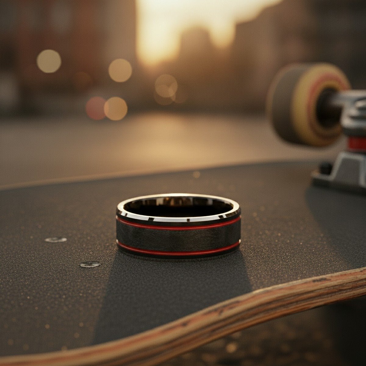 OLIS | Black Tungsten Ring, Double Red Stripe, Wire Finish