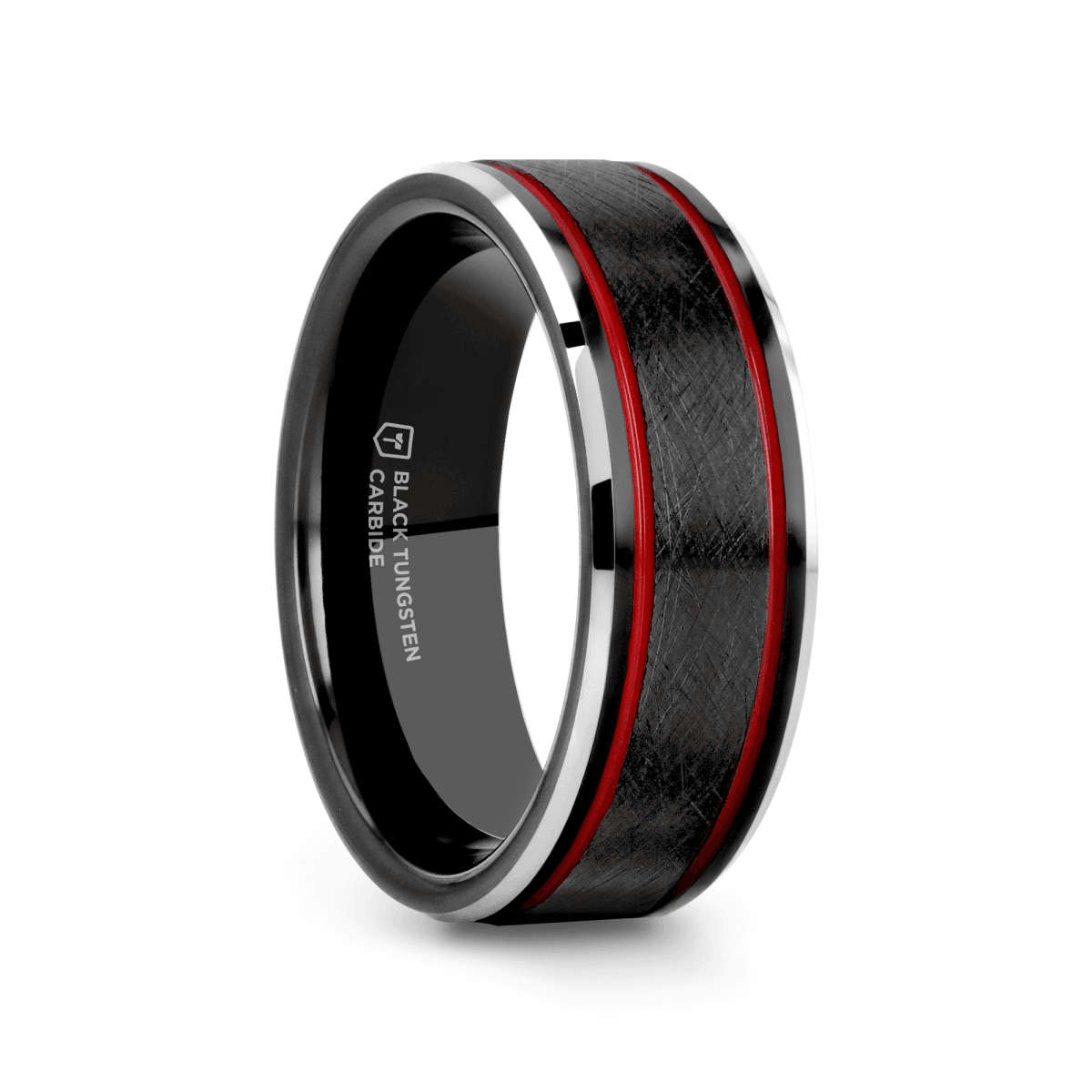 OLIS | Black Tungsten Ring, Double Red Stripe, Wire Finish