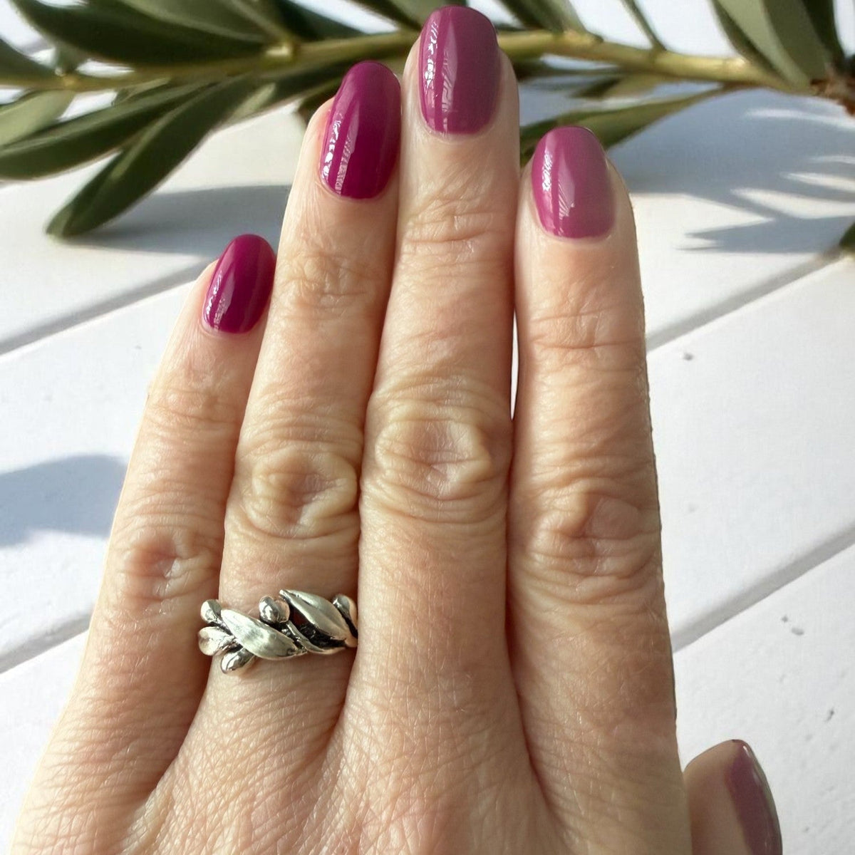 Olive Branch Leaf Statement Ring, Satin and Polished Finish