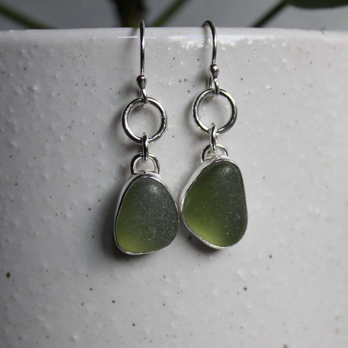 Olive Green Dangly Sea Glass Earrings | Handmade | Sterling Silver
