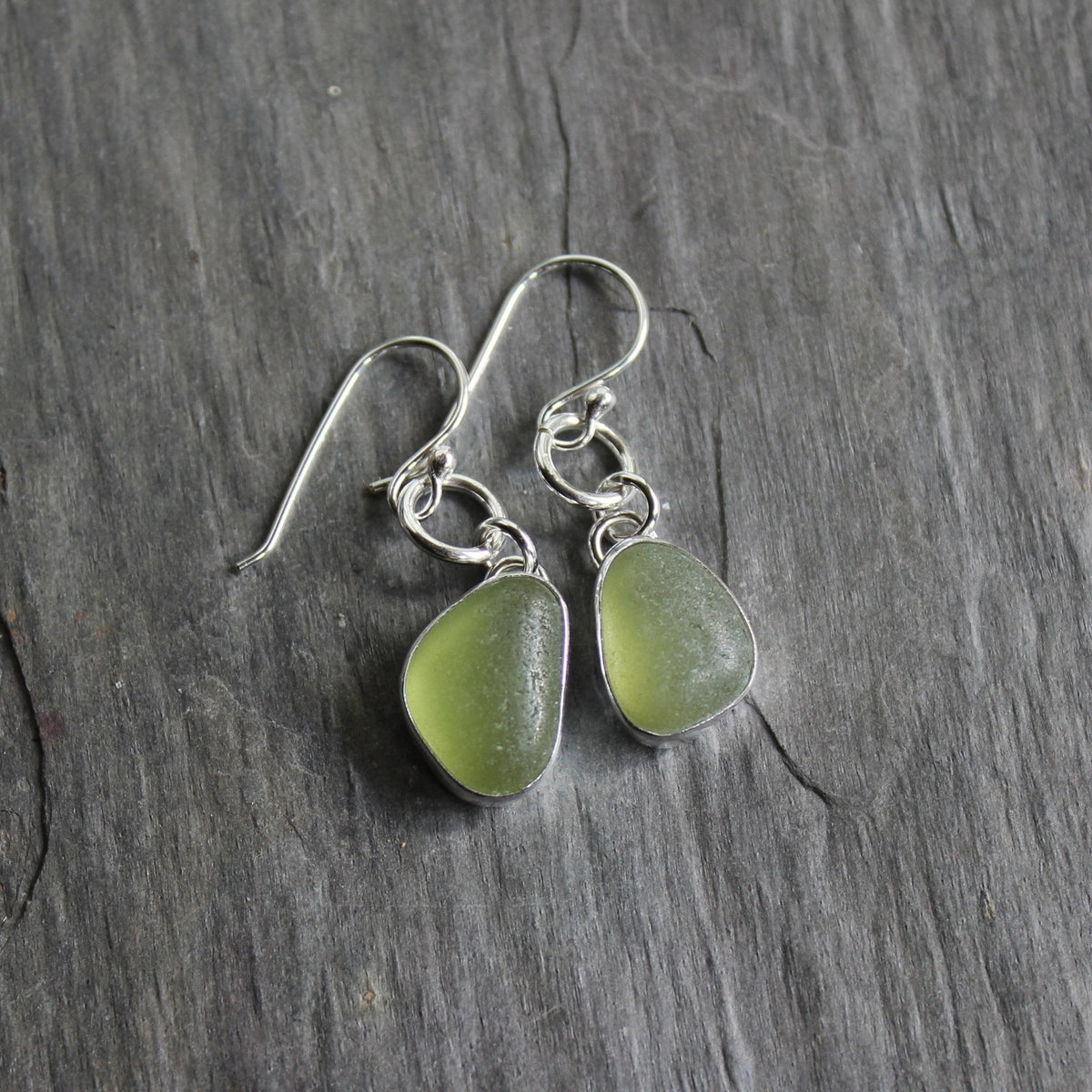 Olive Green Dangly Sea Glass Earrings | Handmade | Sterling Silver