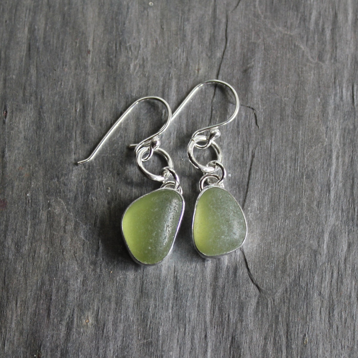 Olive Green Dangly Sea Glass Earrings | Handmade | Sterling Silver