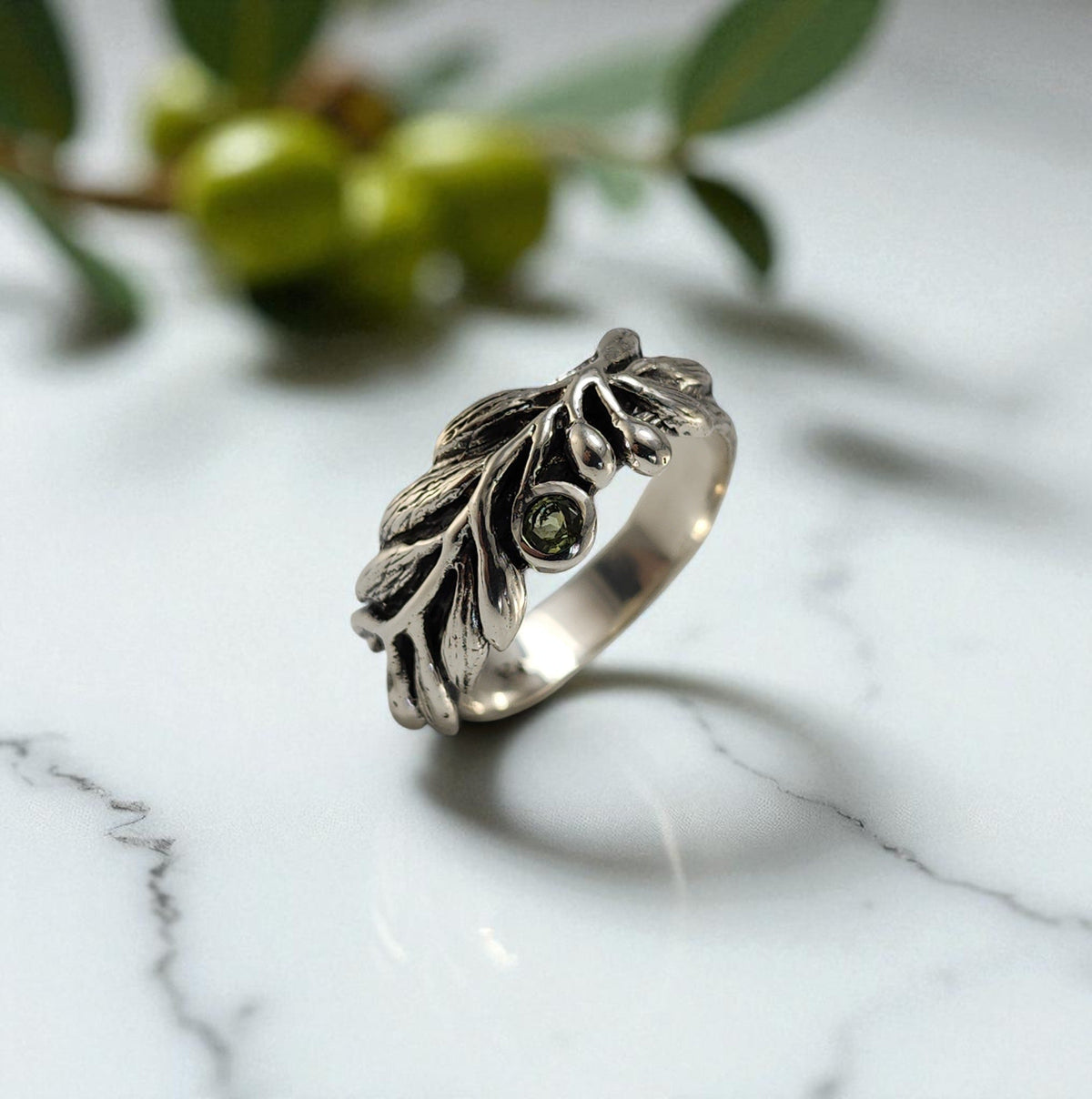 Olive Branch Ring with Round Peridot