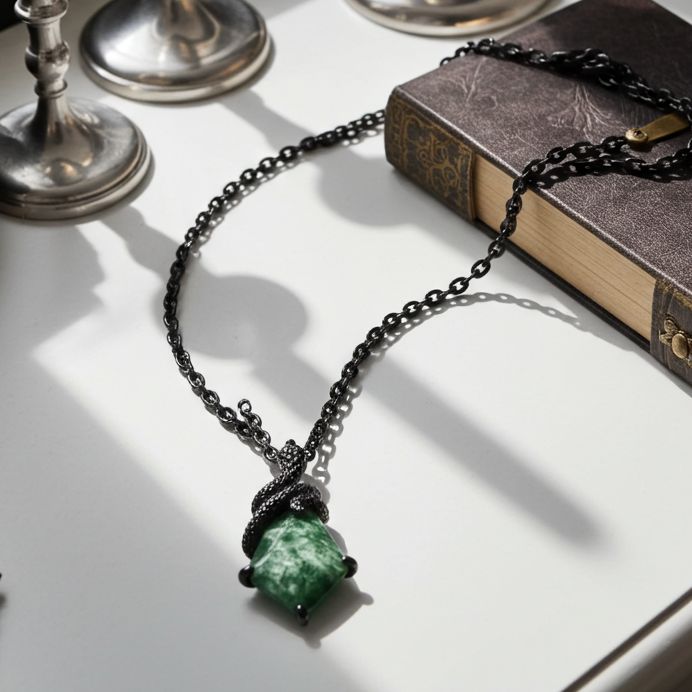 Kite Cut Moss Agate Mystical Serpent Carved Black Gold Gothic Necklace For Her- "Cloak"