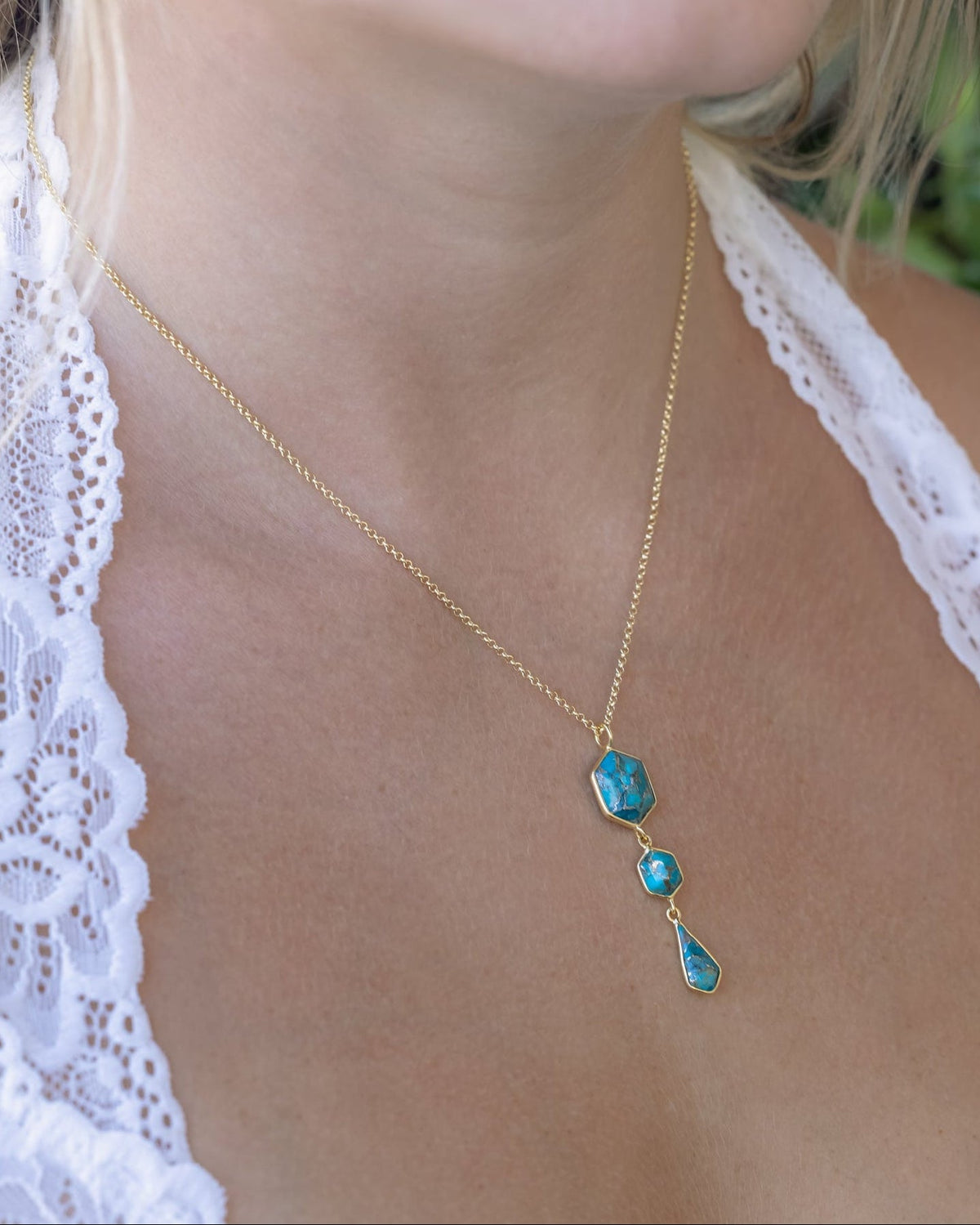 Geo Collection - 18K Gold Vermeil Triple Dangle Pendant With Geometric Turquoise - By Jorge Revilla