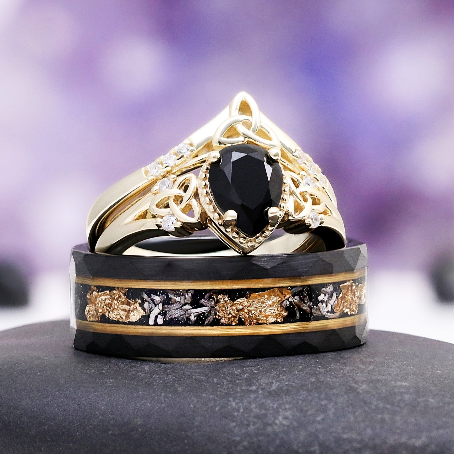 Black Onyx & Meteorite Celtic Couples Ring Set