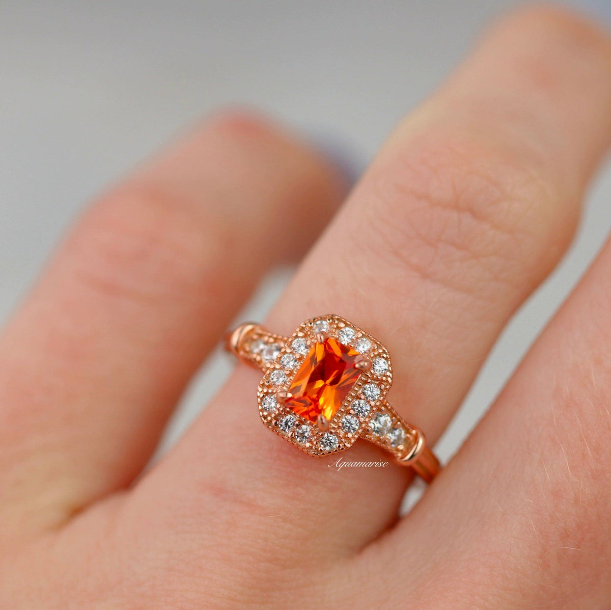 Vintage Halo Padparadscha Sapphire Ring in 14K Rose Gold Vermeil