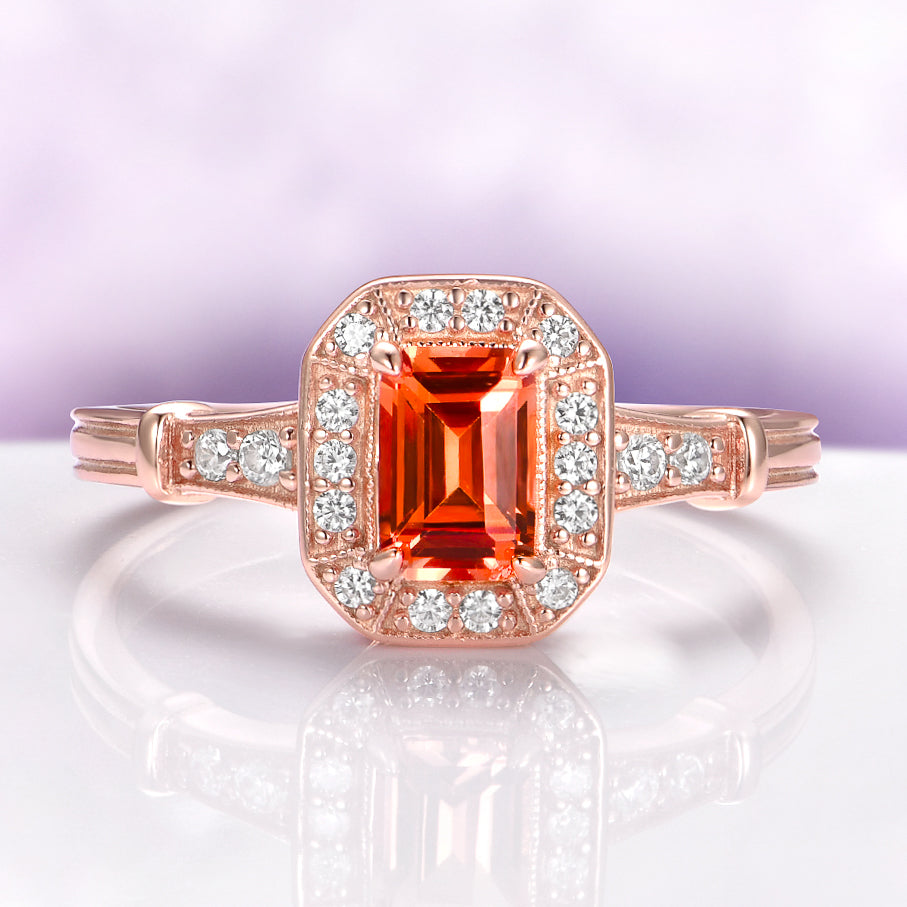 Vintage Halo Padparadscha Sapphire Ring in 14K Rose Gold Vermeil