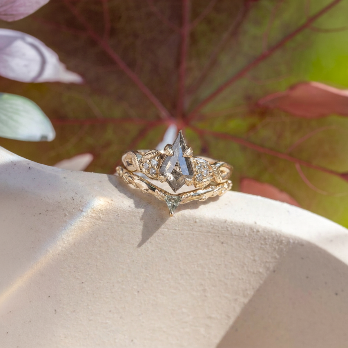 Pixie Wedding Ring, Triangle Lab Grown Green Sapphire