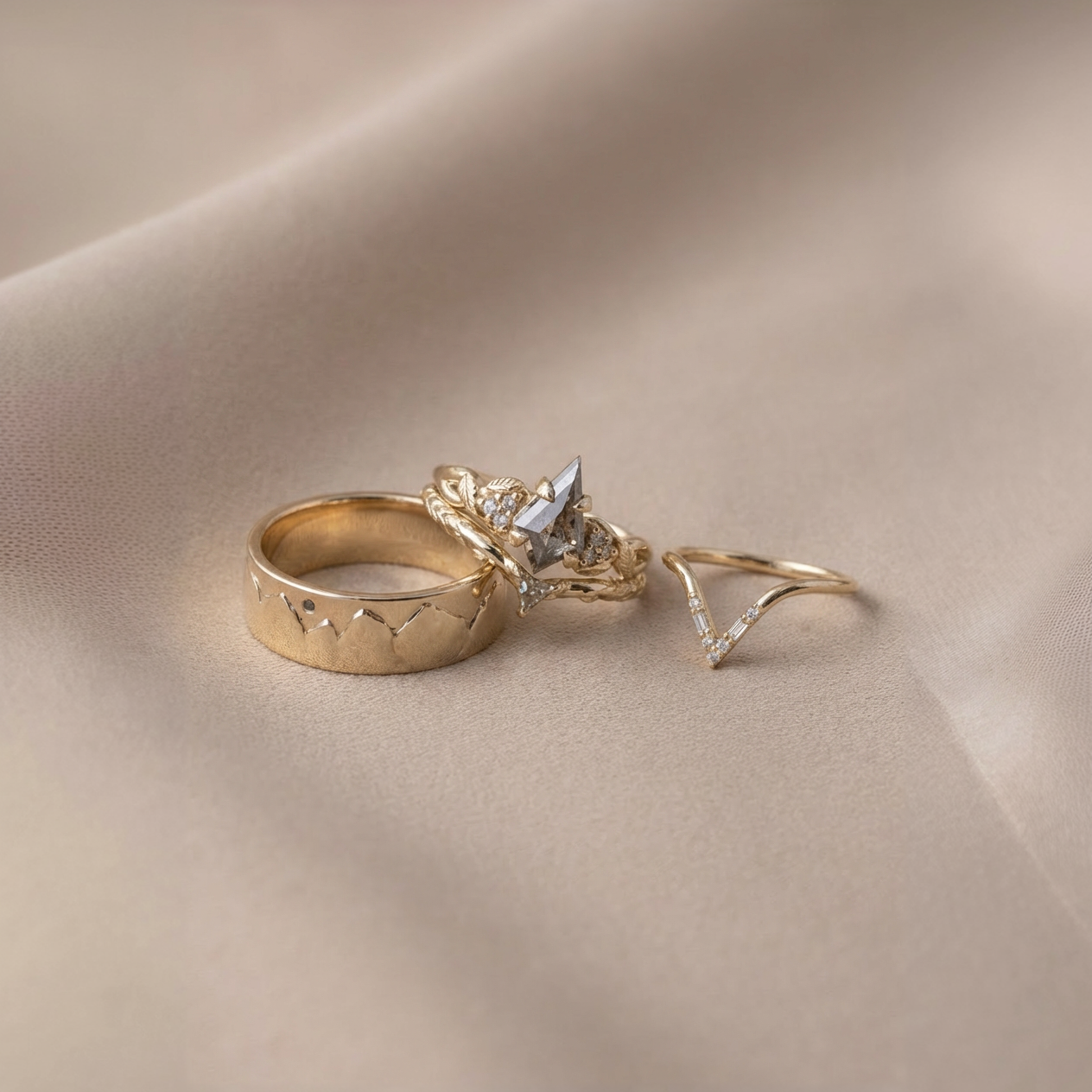 Pixie Wedding Ring, Triangle Lab Grown Green Sapphire