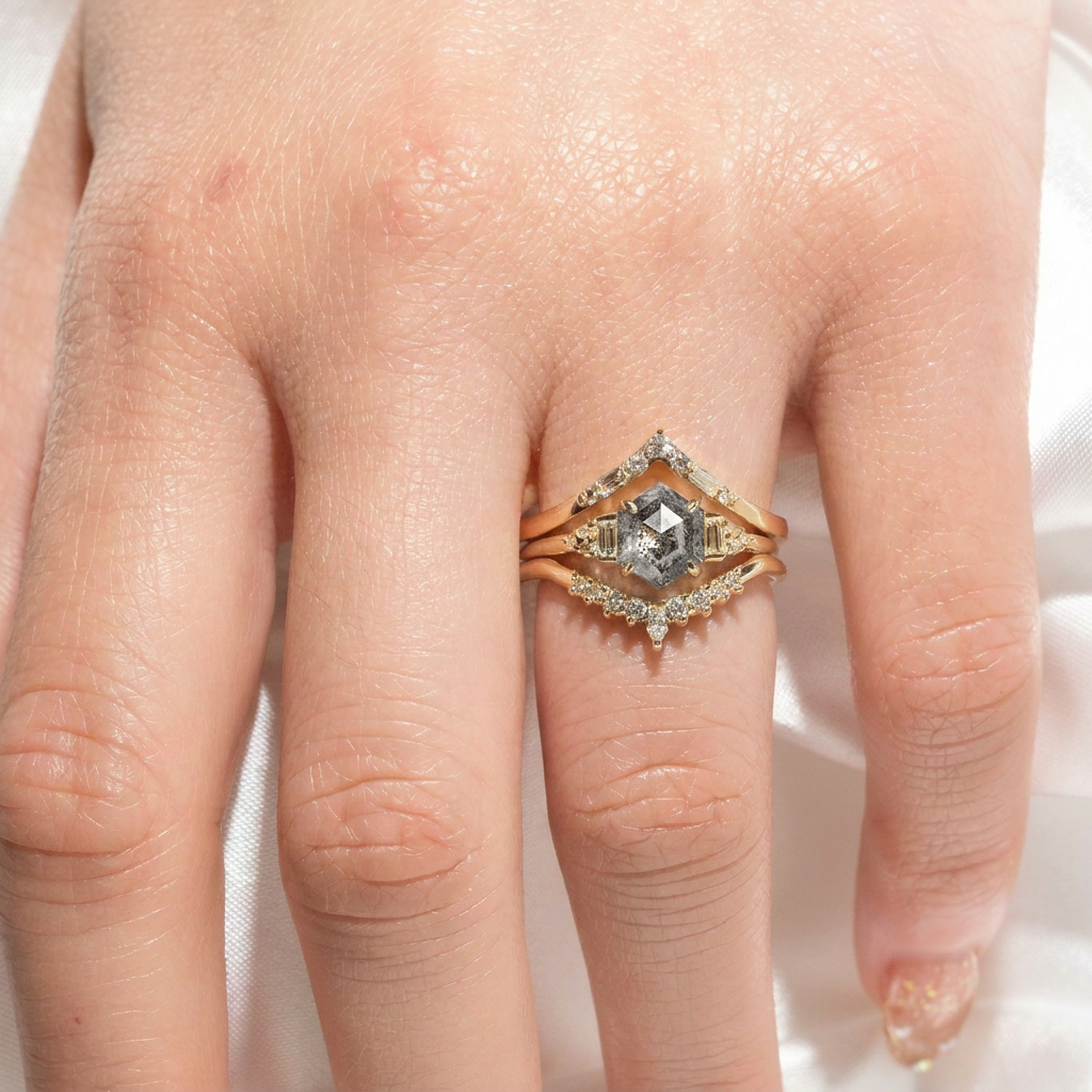 .99 Carat Salt and Pepper Hexagon Diamond Engagement Ring, Dahlia Setting