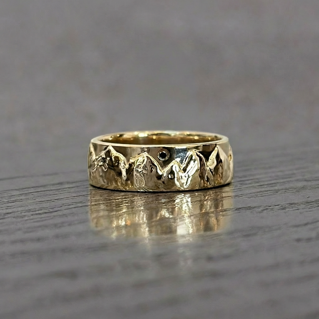7mm Mountain Mens Wedding Ring with Black Diamond, Comfort Fit