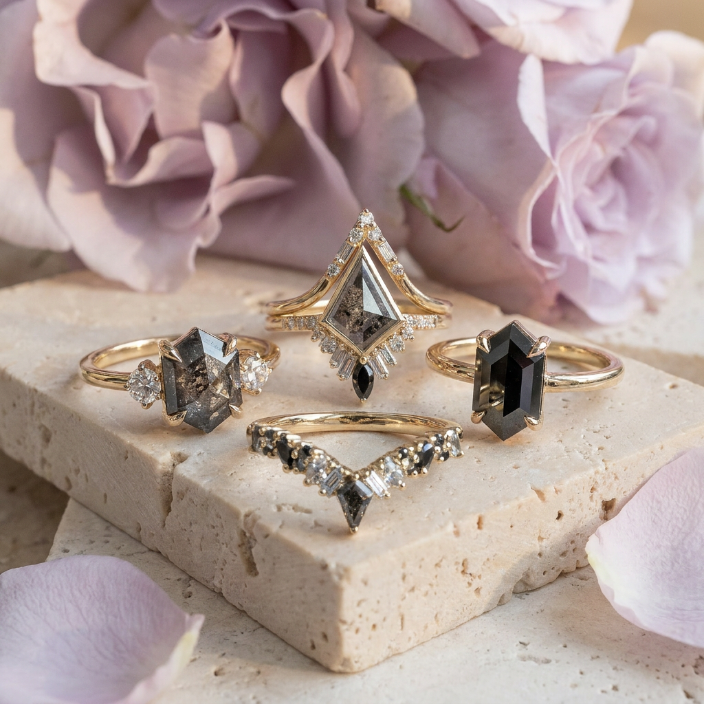 2.26 Carat Black Hexagon Diamond Engagement Ring, Jane Setting, 14k Yellow Gold
