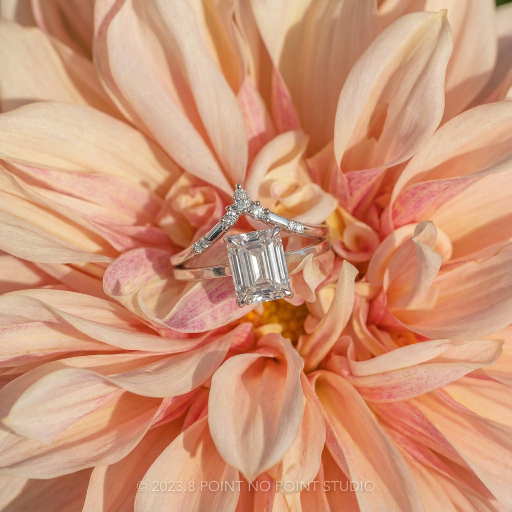 1.79 Carat Emerald Cut Moissanite Engagement Ring, Lark Setting, Platinum