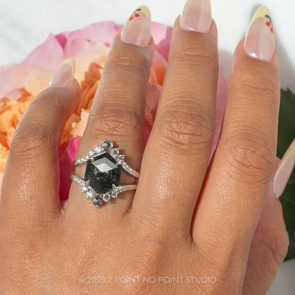 2.74 Carat Black Hexagon Diamond Engagement Ring, Empress Setting