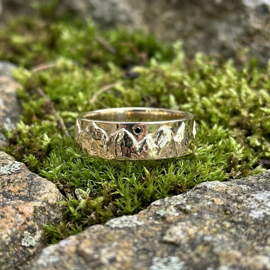 7mm Mountain Mens Wedding Ring with Black Diamond, Comfort Fit