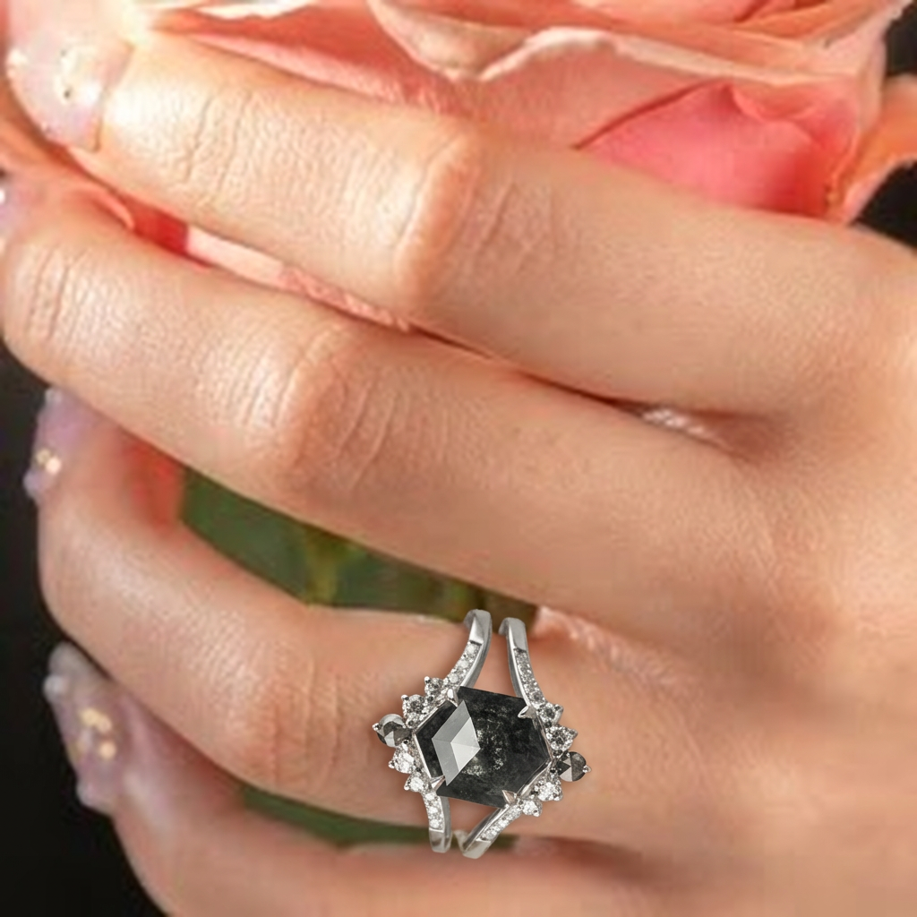 2.74 Carat Black Hexagon Diamond Engagement Ring, Empress Setting