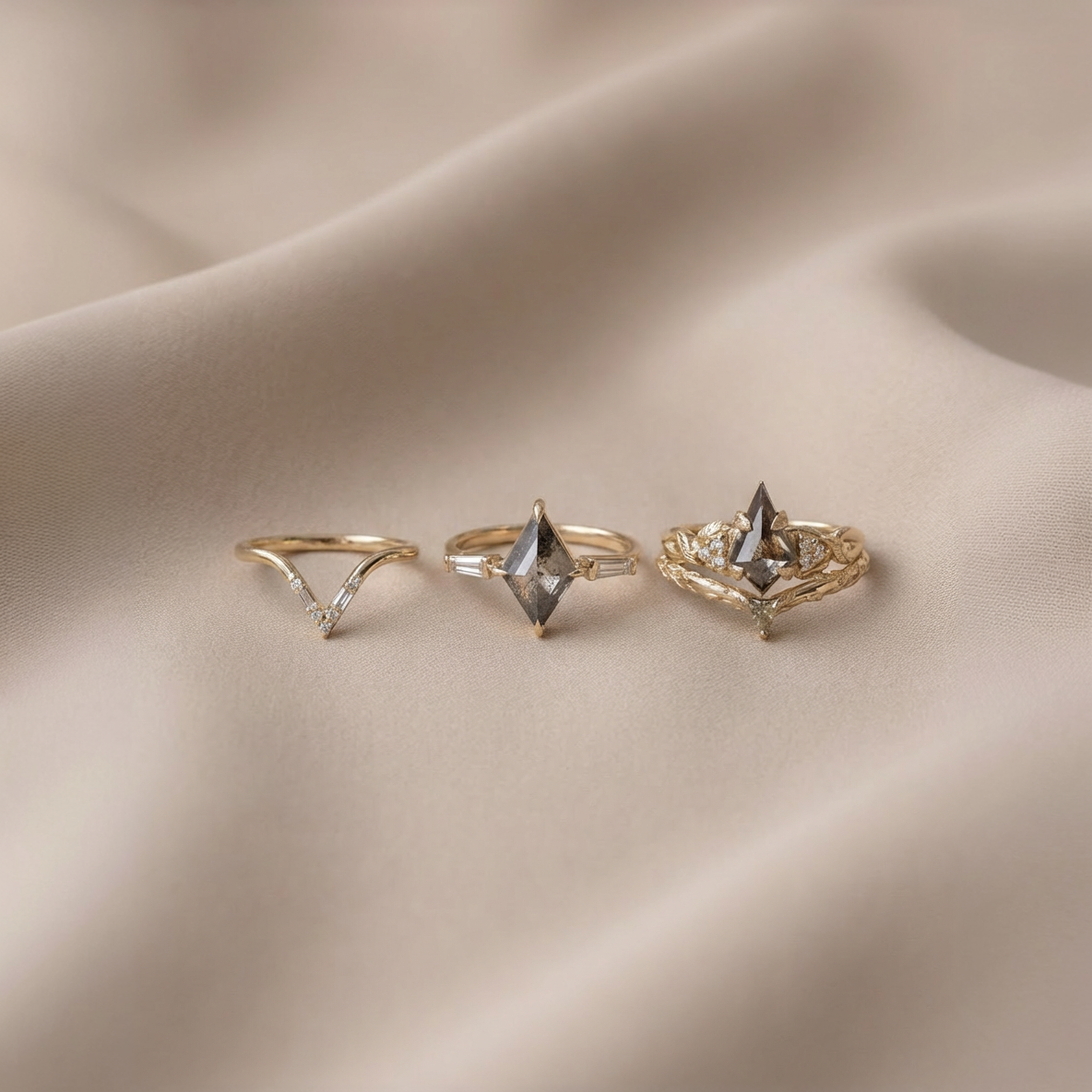 Pixie Wedding Ring, Triangle Lab Grown Green Sapphire
