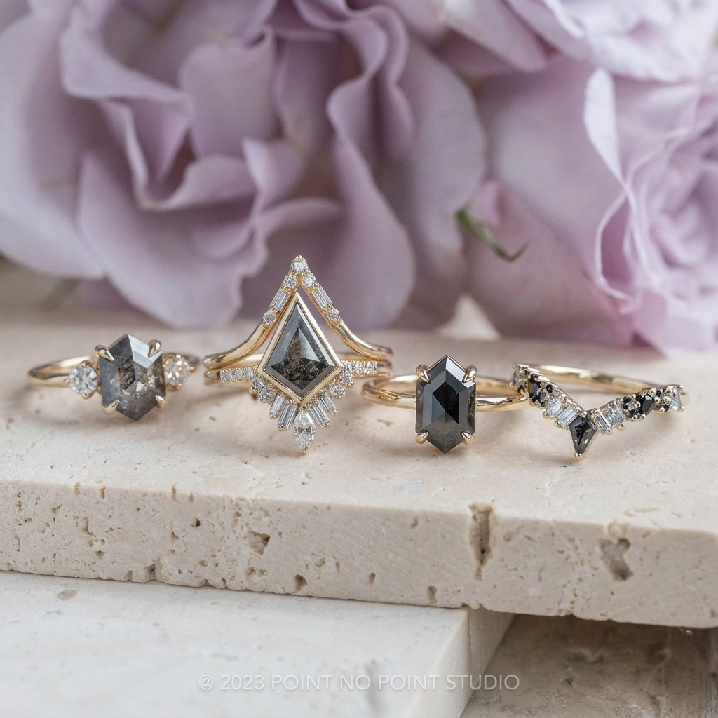 2.26 Carat Black Hexagon Diamond Engagement Ring, Jane Setting, 14k Yellow Gold