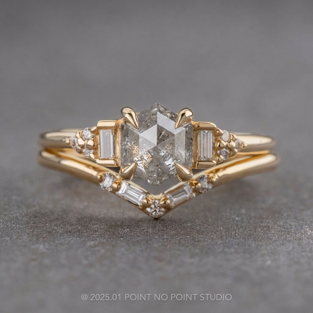 .99 Carat Salt and Pepper Hexagon Diamond Engagement Ring, Dahlia Setting