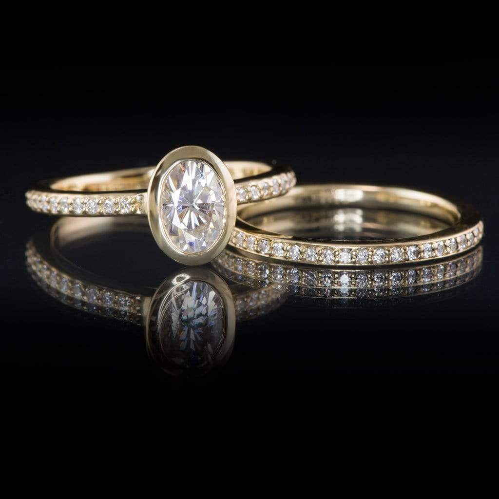 Oval Moissanite Sonia Bezel Set Diamond Accented Cathedral Engagement Ring