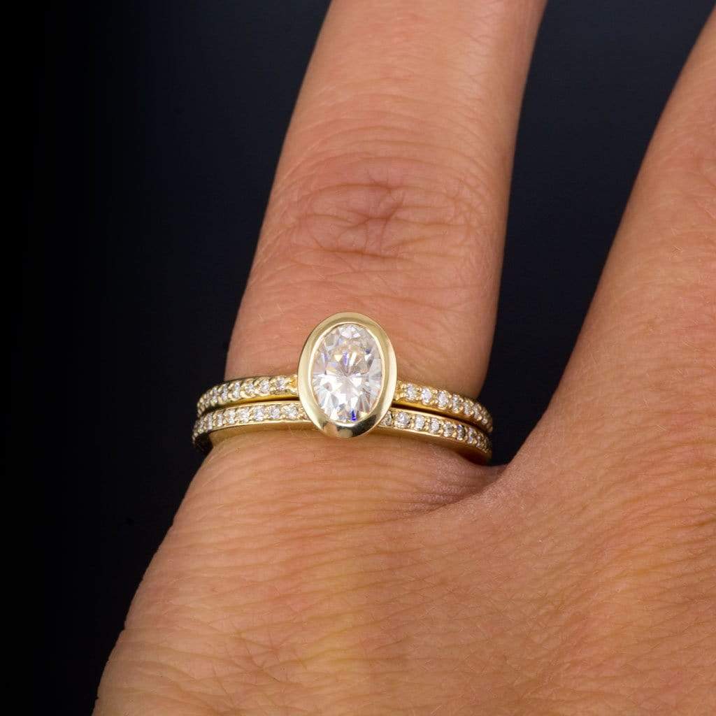 Oval Moissanite Sonia Bezel Set Diamond Accented Cathedral Engagement Ring